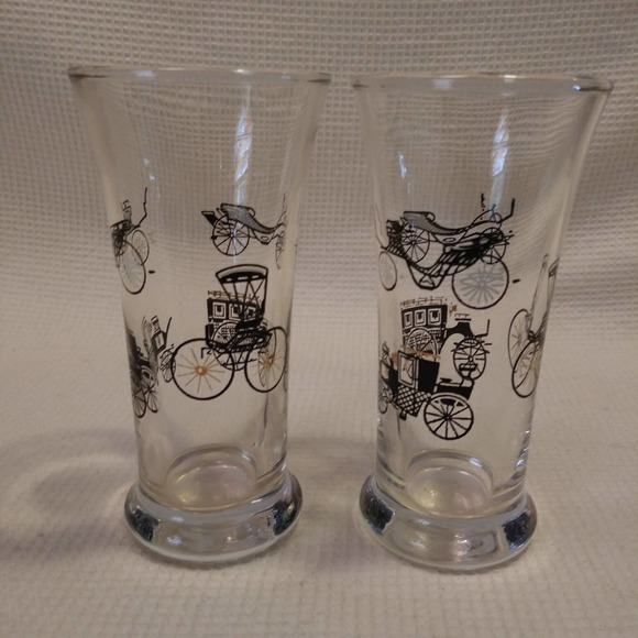 2 MCM Barware Libbey Beer Glasses Black n Gold Antique Car n Buggy LRS137 - Picture 1 of 11